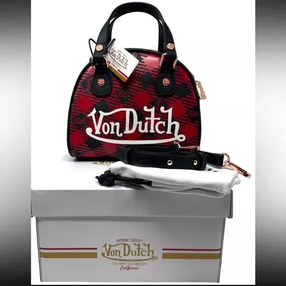 VON DUTCH Red and Black Plaid Mini Bowling Bag - Picture 3 of 11